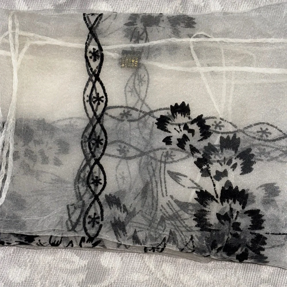 Vintage Made in Japan Sheer White Scarf Black‎ Floral Flocked Square Neckerchief